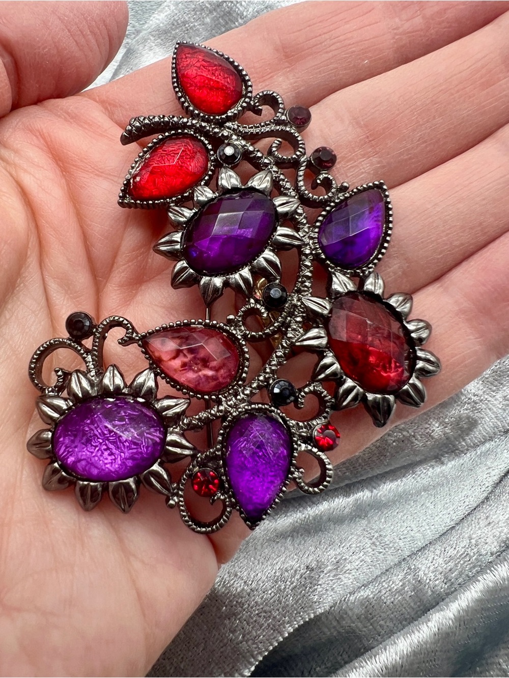Vintage-Inspired Purple & Red Glass Statement Brooch